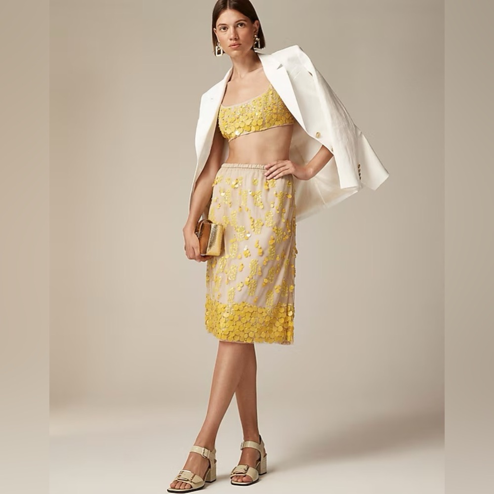 Yellow Floral Appliqué Midi Skirt